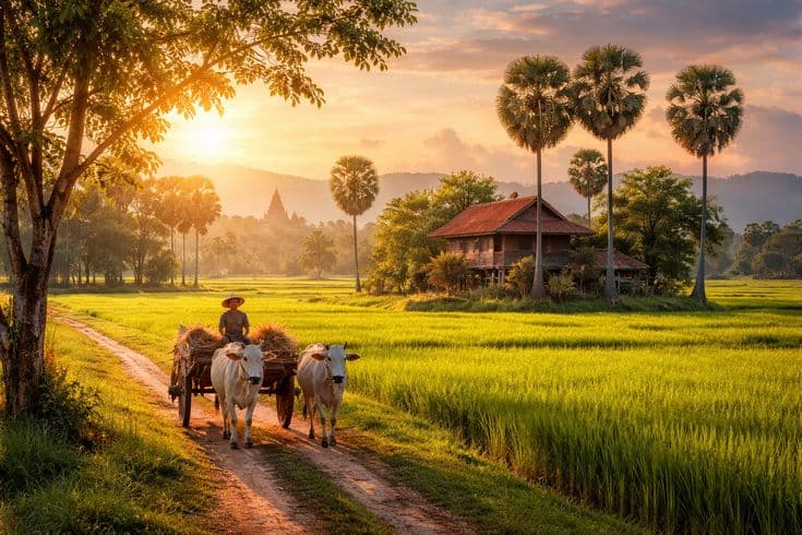 A farmer with a bullock cart on a village road at sunset, palm trees and a farmhouse in the background